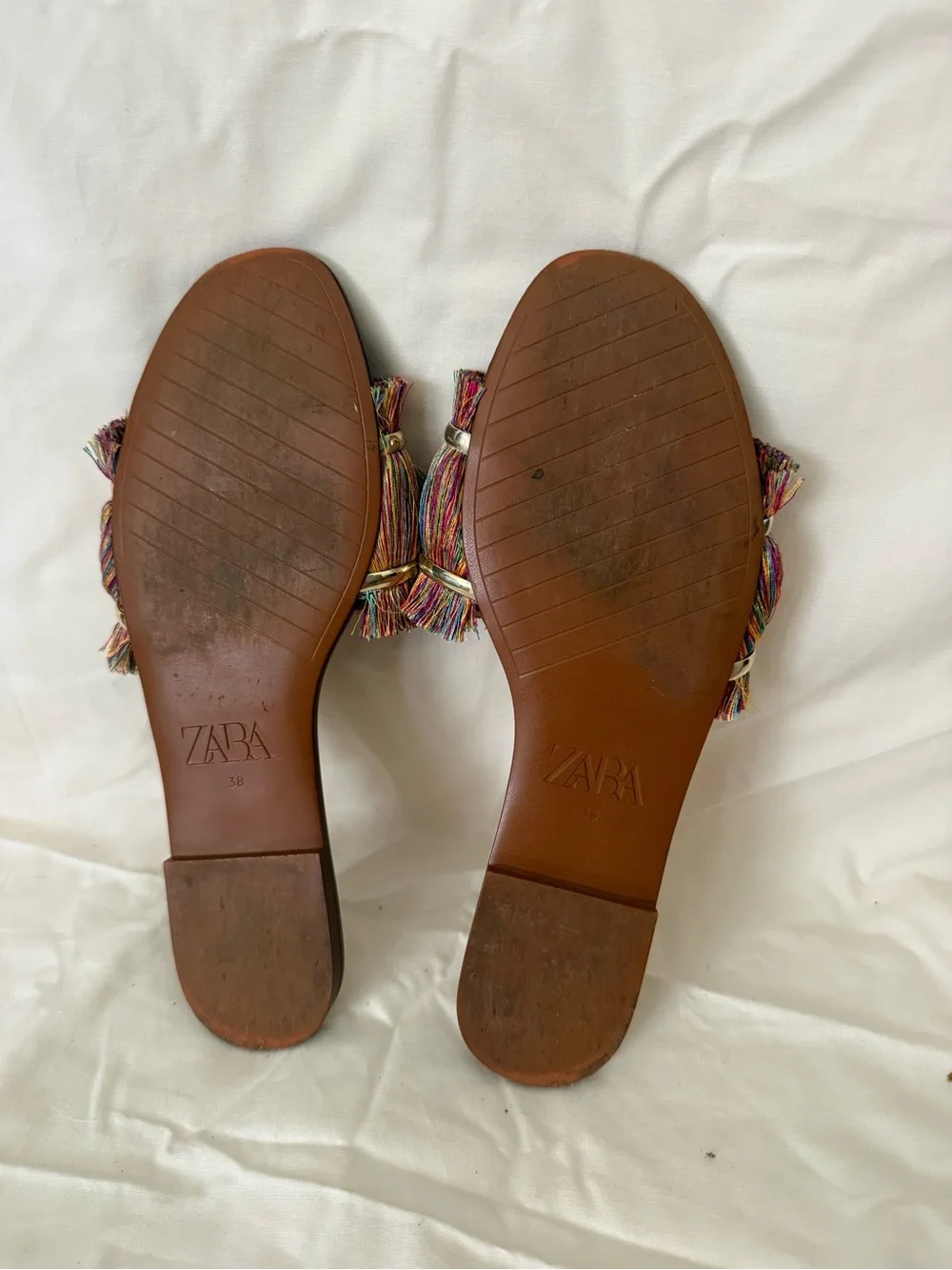 Zara Multicolor Fringe Slide Sandals with Brown Footbed